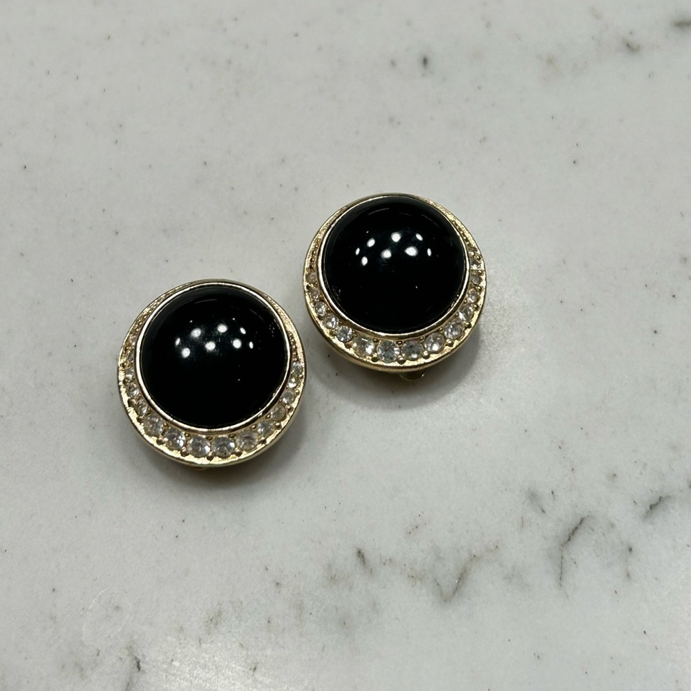 Vintage CHRISTIAN DIOR Black & Crystal Gold Clip On Earrings